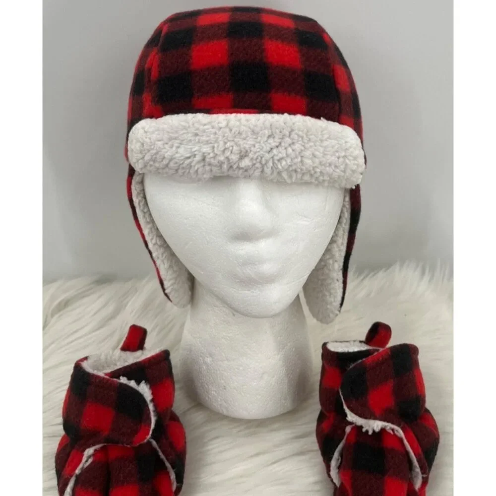 Hudson Baby 18/24 Mos Buffalo Check Plaid Aviator Trapper Hat Mitten Bootie Set